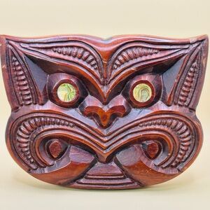 Vintage Moko Maori Carved Face Matai Wood, Ruru Owl, Paua Shell Eyes New Zealand